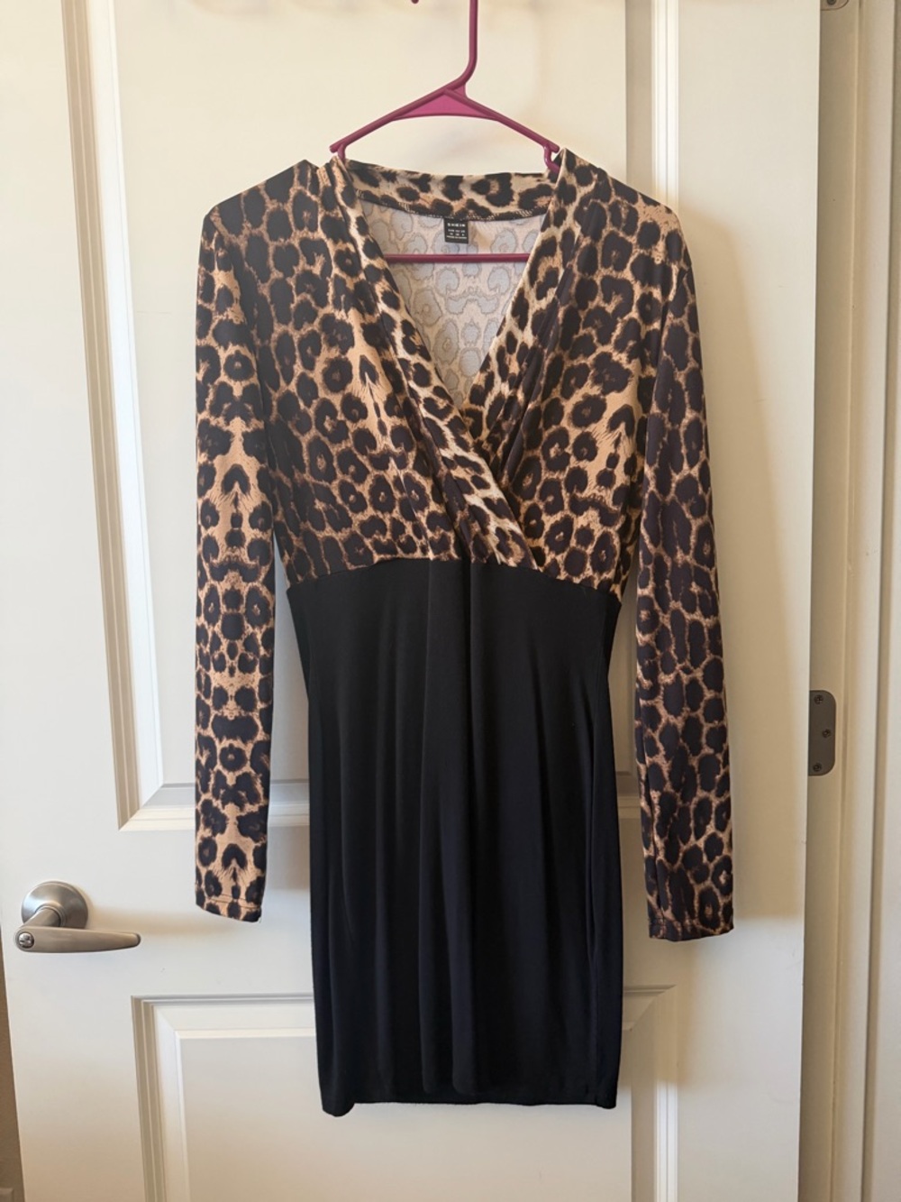 Leopard Print Wrap-Style Black Dress